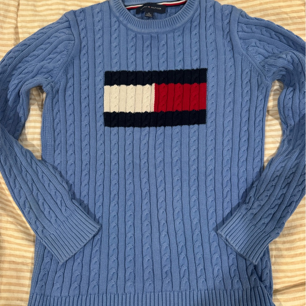 Tommy Hilfiger Women’s Blue Cable Knit Sweater with Logo